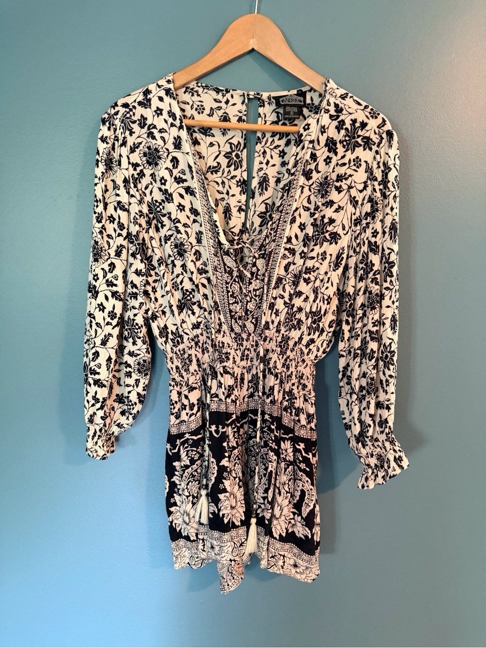 Angie Boho long sleeve Romper Small Pockets Elastic Waste Black & White Floral